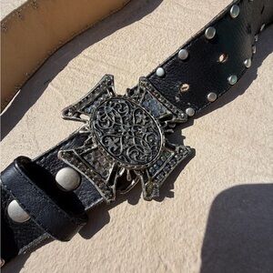 Vintage Cache Black Leather Studded Belt with Rhinestone Cross Buckle